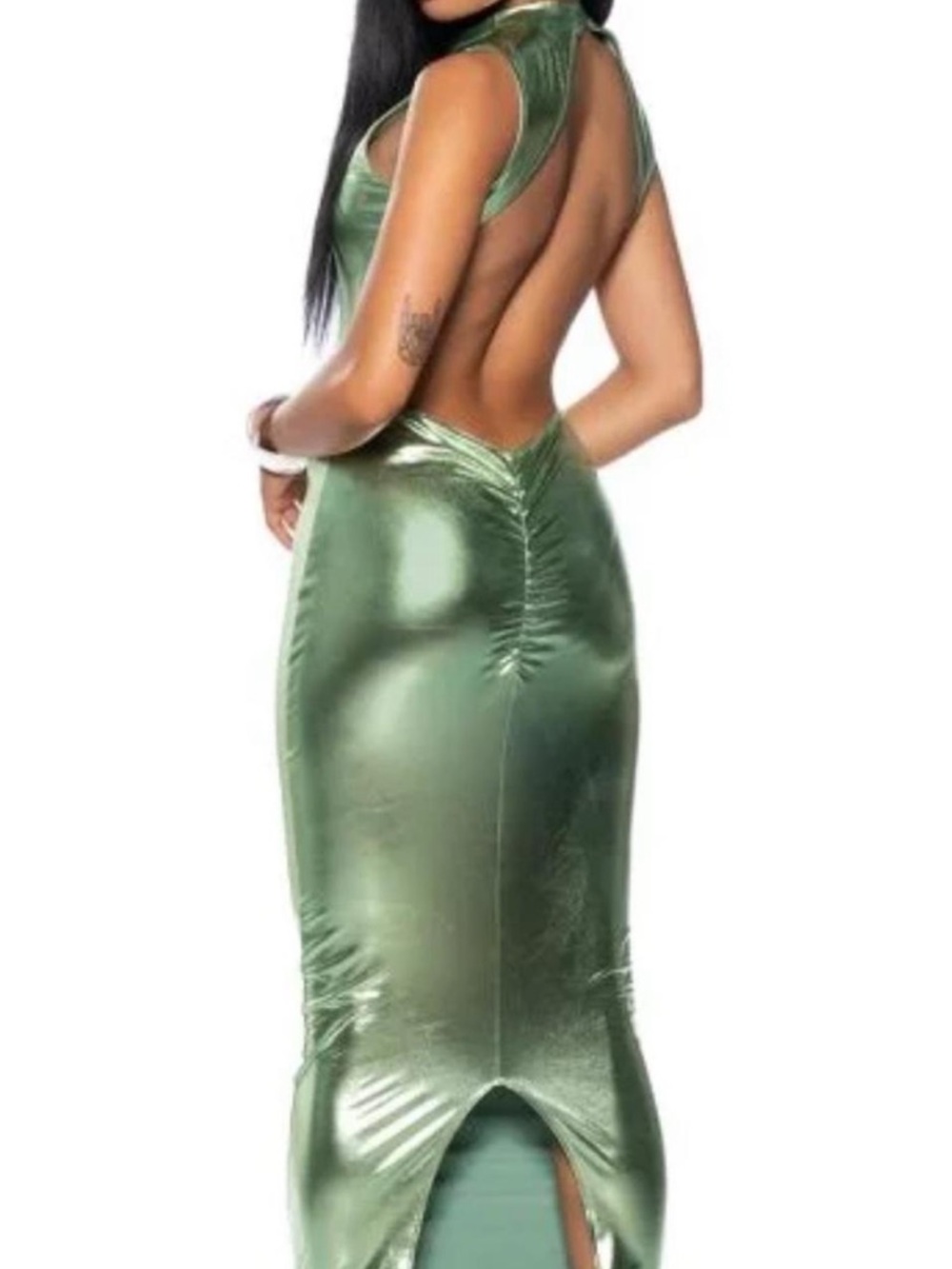 AKIRA Shimmering Metallic Green Sleeveless Midi Dress - Picture 2 of 3